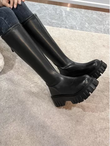 Women's High Knee Fashion Boot, Black, Round Toe, Thick Heel, Western Style, Comfortable Soft Bottom, Stretchable, Back Zipper