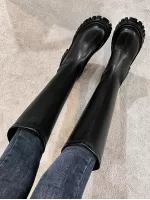 Women's High Knee Fashion Boot, Black, Round Toe, Thick Heel, Western Style, Comfortable Soft Bottom, Stretchable, Back Zipper