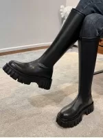 Women's High Knee Fashion Boot, Black, Round Toe, Thick Heel, Western Style, Comfortable Soft Bottom, Stretchable, Back Zipper