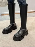 Women's High Knee Fashion Boot, Black, Round Toe, Thick Heel, Western Style, Comfortable Soft Bottom, Stretchable, Back Zipper