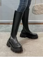 Women's High Knee Fashion Boot, Black, Round Toe, Thick Heel, Western Style, Comfortable Soft Bottom, Stretchable, Back Zipper