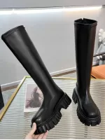 Women's High Knee Fashion Boot, Black, Round Toe, Thick Heel, Western Style, Comfortable Soft Bottom, Stretchable, Back Zipper