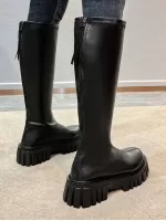 Women's High Knee Fashion Boot, Black, Round Toe, Thick Heel, Western Style, Comfortable Soft Bottom, Stretchable, Back Zipper