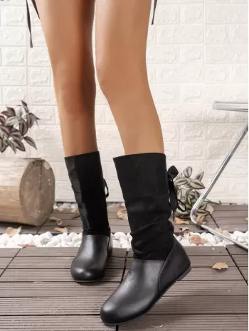 Women'S Black Knee-High Boots With Round Toe, Back Tie, Pu Material, Fashionable Color Block Design, Anti-Slip And Warm Lining