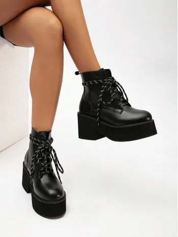 European And American Style Women'S Boots Chunky Heel Thick Platform Short Boots, Waterproof, With Colorful Laces, Black, Fashionable