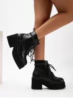 European And American Style Women'S Boots Chunky Heel Thick Platform Short Boots, Waterproof, With Colorful Laces, Black, Fashionable
