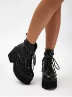 European And American Style Women'S Boots Chunky Heel Thick Platform Short Boots, Waterproof, With Colorful Laces, Black, Fashionable