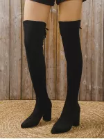 Women's Over-the-knee Boots, Lady's Thigh-high Boots, Black Lace-up Long Boots, High Heel Black Boots, Women's Shoes