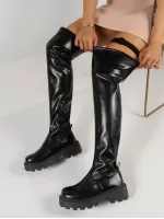 Women'S Over The Knee Leather Boots With Thick Sole, High Heel And Buckle Decoration