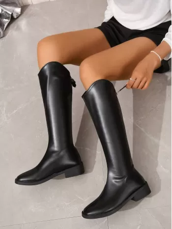 Women Minimalist Back Zipper Chunky Heeled Western Boots, Fashion Outdoor Boots