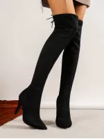 Tie Back Point Toe Heeled Faux Suede Sock Boots, Black Elegant Pure Color Women's Fashion Boots With High Heels