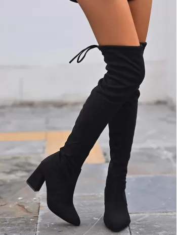 Women Black Tie Back Chunky Boots, Elegant Point Toe Middle Heel Sock Boots