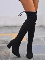 Women Black Tie Back Chunky Boots, Elegant Point Toe Middle Heel Sock Boots