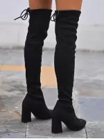 Women Black Tie Back Chunky Boots, Elegant Point Toe Middle Heel Sock Boots