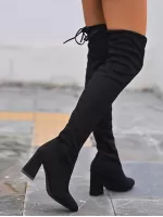 Women Black Tie Back Chunky Boots, Elegant Point Toe Middle Heel Sock Boots