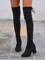 Women Black Tie Back Chunky Boots, Elegant Point Toe Middle Heel Sock Boots