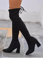 Women Black Tie Back Chunky Boots, Elegant Point Toe Middle Heel Sock Boots