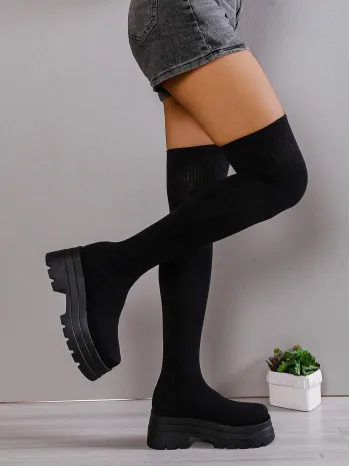 Women's Fashionable Minimalist Style Knit Over-the-knee Boots With Black Thick Soles And Chunky Heels, Elastic Sock Boots