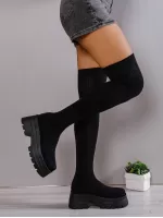 Women's Fashionable Minimalist Style Knit Over-the-knee Boots With Black Thick Soles And Chunky Heels, Elastic Sock Boots