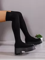 Women's Fashionable Minimalist Style Knit Over-the-knee Boots With Black Thick Soles And Chunky Heels, Elastic Sock Boots
