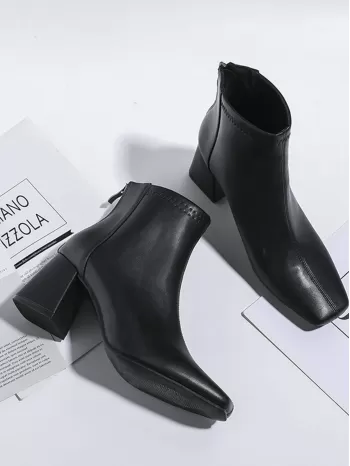 Classic Chunky Heel Boots With Back Zipper
