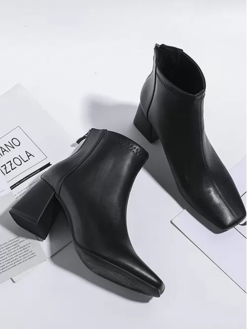 Classic Chunky Heel Boots With Back Zipper