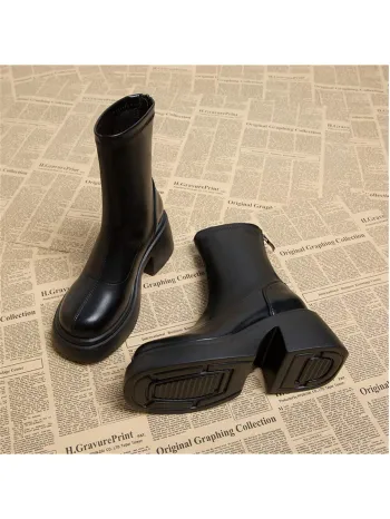 French Style Short Statured & Thick Platform & Chunky Heel & Motorcycle Boots 2023 Fall/winter, Round Toe & Waterproof Platform & Splicing & Fashion High Heel Boots