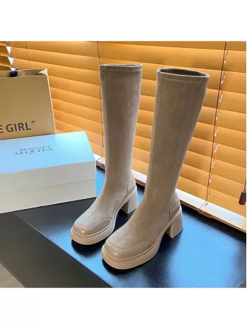 French Style Short Stature Thick Heel Platform Boots For Women, Autumn 2023, Round Toe, Waterproof, High Fashion Knee High Over The Knee Boots