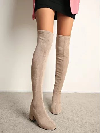 Women's Minimalist Style Square Toe Chunky Heel Elastic Ankle Boots With Side Zipper