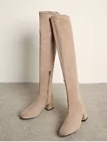 Women's Minimalist Style Square Toe Chunky Heel Elastic Ankle Boots With Side Zipper