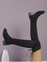 Knee-high Boots For Women Chunky Heel Fashionable Winter Boots, Plus Size, Warm Elastic Socks