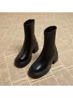 French Style Short Statured & Thick Platform & Chunky Heel & Motorcycle Boots 2023 Fall/winter, Round Toe & Waterproof Platform & Splicing & Fashion High Heel Boots