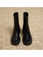 French Style Short Statured & Thick Platform & Chunky Heel & Motorcycle Boots 2023 Fall/winter, Round Toe & Waterproof Platform & Splicing & Fashion High Heel Boots