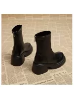 French Style Short Statured & Thick Platform & Chunky Heel & Motorcycle Boots 2023 Fall/winter, Round Toe & Waterproof Platform & Splicing & Fashion High Heel Boots