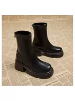 French Style Short Statured & Thick Platform & Chunky Heel & Motorcycle Boots 2023 Fall/winter, Round Toe & Waterproof Platform & Splicing & Fashion High Heel Boots
