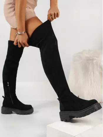 Women's Knee-high Suede Riding Boots With Chunky Heel, Height Boost And Elasticity