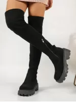 Women's Knee-high Suede Riding Boots With Chunky Heel, Height Boost And Elasticity