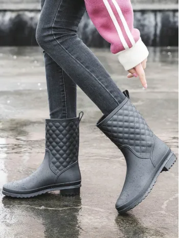 Women's Mid-calf Pvc Molded Anti-skid Rain Boots, Checkered Design Garden Overshoes