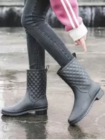 Women's Mid-calf Pvc Molded Anti-skid Rain Boots, Checkered Design Garden Overshoes