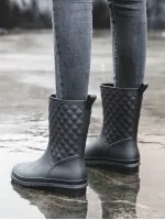 Women's Mid-calf Pvc Molded Anti-skid Rain Boots, Checkered Design Garden Overshoes