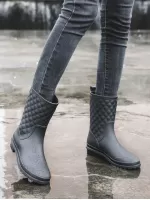 Women's Mid-calf Pvc Molded Anti-skid Rain Boots, Checkered Design Garden Overshoes
