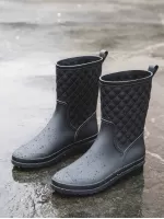 Women's Mid-calf Pvc Molded Anti-skid Rain Boots, Checkered Design Garden Overshoes