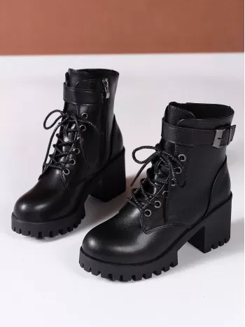 Women Buckle Decor Lace-Up Front Zipper Side Platform Combat Boots, Punk Outdoor Boots