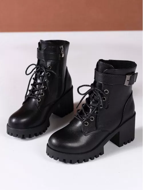 Women Buckle Decor Lace-Up Front Zipper Side Platform Combat Boots, Punk Outdoor Boots