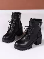 Women Buckle Decor Lace-Up Front Zipper Side Platform Combat Boots, Punk Outdoor Boots
