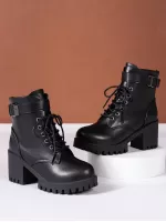 Women Buckle Decor Lace-Up Front Zipper Side Platform Combat Boots, Punk Outdoor Boots