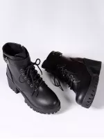 Women Buckle Decor Lace-Up Front Zipper Side Platform Combat Boots, Punk Outdoor Boots