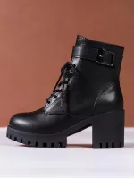 Women Buckle Decor Lace-Up Front Zipper Side Platform Combat Boots, Punk Outdoor Boots