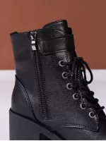 Women Buckle Decor Lace-Up Front Zipper Side Platform Combat Boots, Punk Outdoor Boots