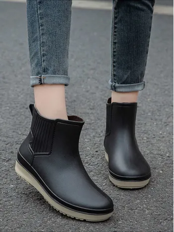 Huge Discount Women Black Stitch Detail Contrast Elastic Band Boots, Round Toe Rain Boots For Daily